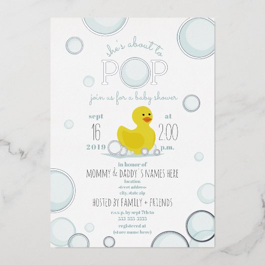 Over naar Pop Rubber Duck Bubbles Baby shower Folie Uitnodiging (Voorkant)