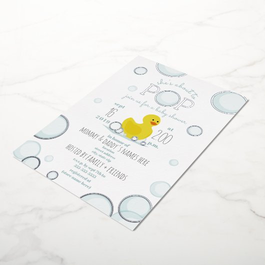 Over naar Pop Rubber Duck Bubbles Baby shower Folie Uitnodiging (Gedraaid)