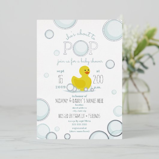 Over naar Pop Rubber Duck Bubbles Baby shower Folie Uitnodiging (Staand Voorkant)