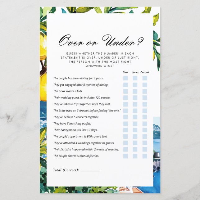 Over of onder Amalfi Lemon Vrijgezellenfeest Game (Voorkant)