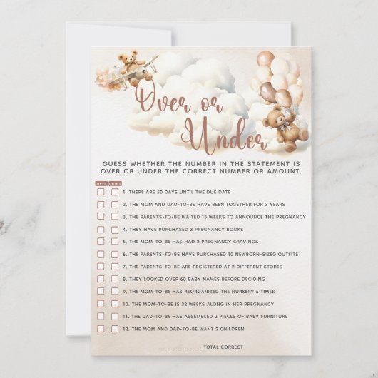 OVER OF ONDER Baby shower Spel Schattige Beer Ball Kaart (Voorkant)