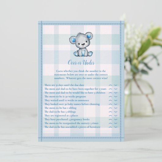 Over of onder Cute Gray Beer Boy Shower Game Kaart (Staand voorkant)