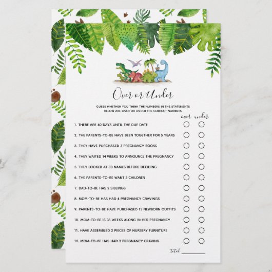 Over of onder Dinosaur Baby shower Game (Voorkant / Achterkant)