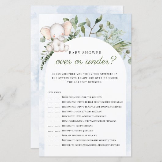 Over of onder Elephant Blue Baby shower Game (Voorkant / Achterkant)