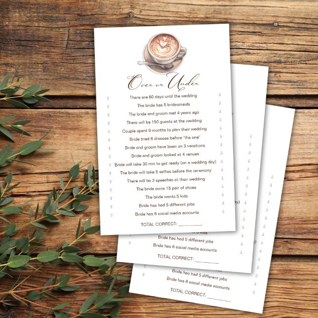 Over of Onder koffie herfst vrijgezellenfeest spel (Over or Under love is brewing coffee cappuccino fall bridal shower games card)