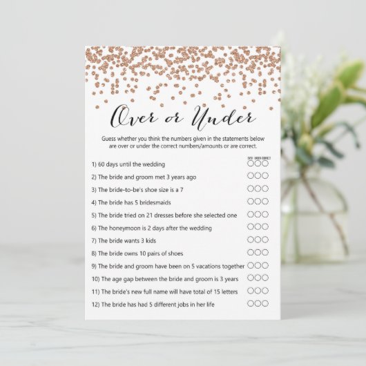 Over of onder Roos Gold Vrijgezellenfeest Game 5x7 Kaart (Staand voorkant)