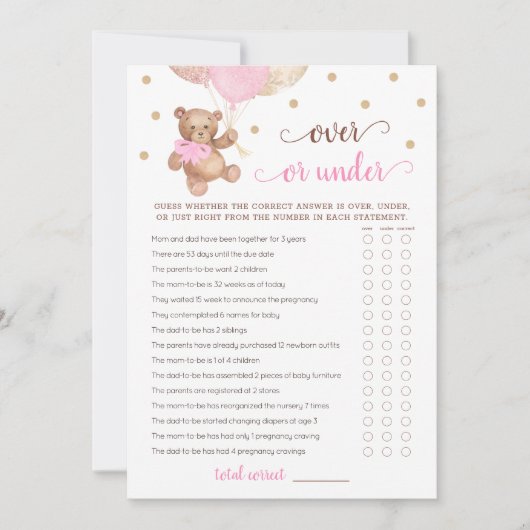 Over of Onder Spel Baby shower Teddy Bear Kaart (Voorkant)