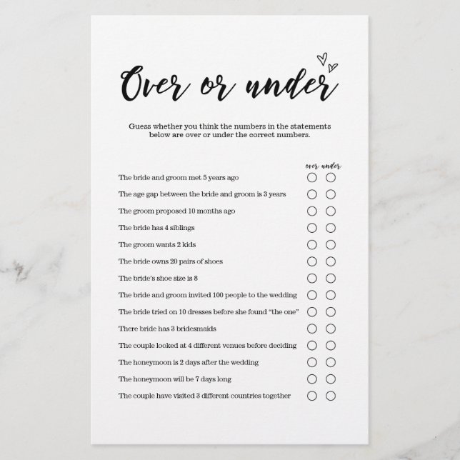Over of Onder Spel voor Huwelijk of Vrijgezellenfe (Voorkant)