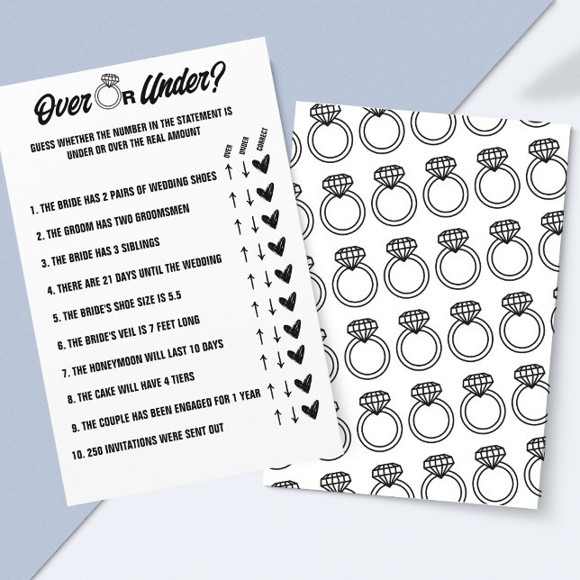 Over of onder Wedding spel, Vrijgezellenfeest acti (Fun Over or Under Wedding Game - Printable Bridal Shower Activity!)