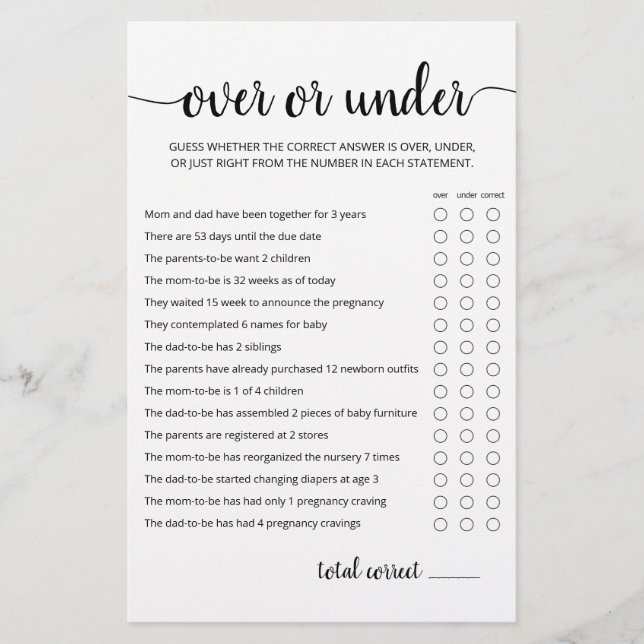 Over of Under spel Baby Shower feestspel (Voorkant)