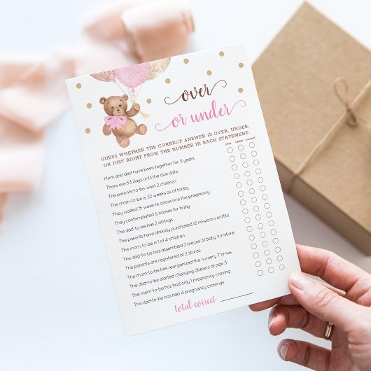 Over of Under spel Baby Shower Teddy Beer Kaart
