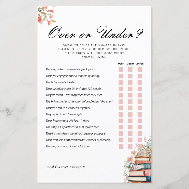 Over or Under New Chapter Bridal Shower Game (Voorkant)