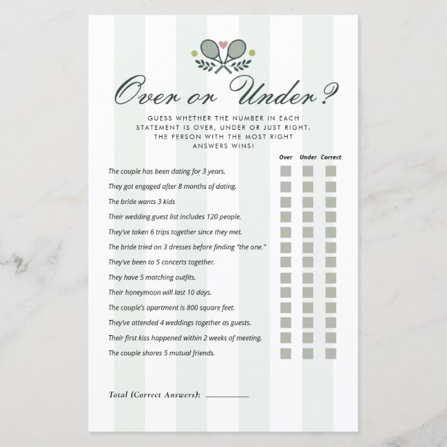 Over or Under Perfect Match Bridal Shower Game (Voorkant)