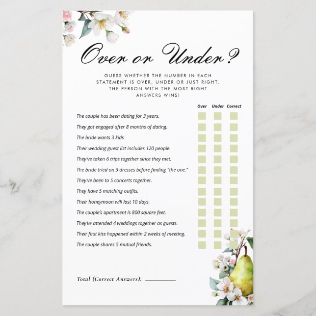 Over or Under Perfect Pear Bridal Shower Game (Voorkant)