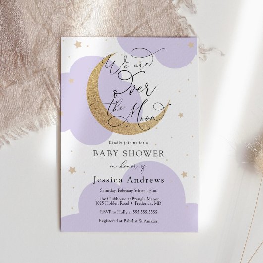 Over the Gold Moon Purple Baby Shower invitation Kaart