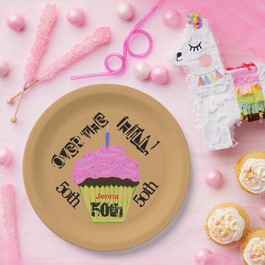 Over the Hill Personalized Pink Cupcake Borden Papieren Bordje (Feest)