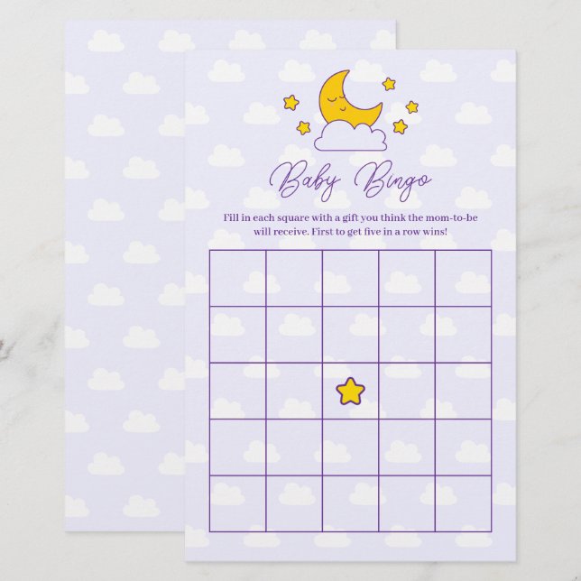 Over The Moon and Stars Baby shower Bingo Spel (Voorkant / Achterkant)