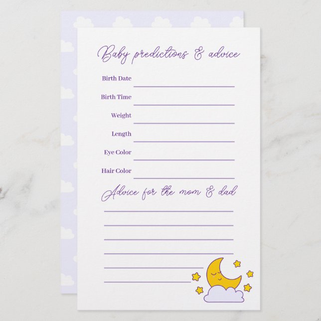 Over The Moon and Stars Baby shower Guessing Game (Voorkant / Achterkant)