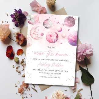 Over The Moon Baby Shower Astronaut Meisje Shower Kaart