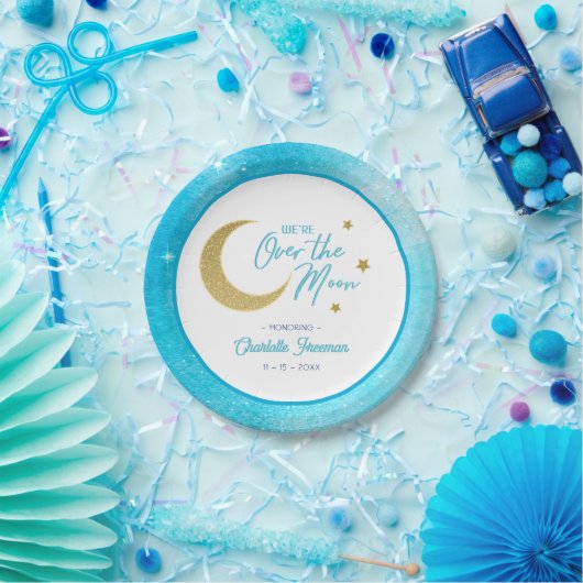 Over the Moon Baby shower Borden - Blauwe Waterver Papieren Bordje (Feest)