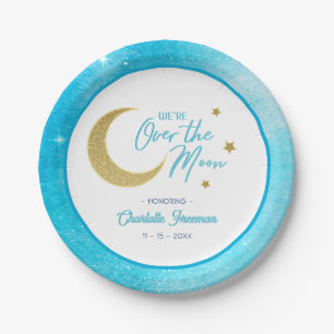 Over the Moon Baby shower Borden - Blauwe Waterver Papieren Bordje