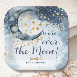 Over The Moon Baby Shower Boy Blue Paper Plate Papieren Bordje