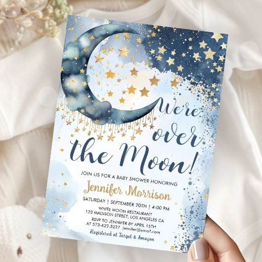 Over The Moon Baby Shower Boy Blue Twinkle Stars Kaart