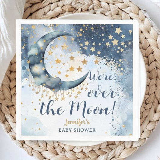 Over The Moon Baby Shower Boy Blue Twinkle Stars Servet