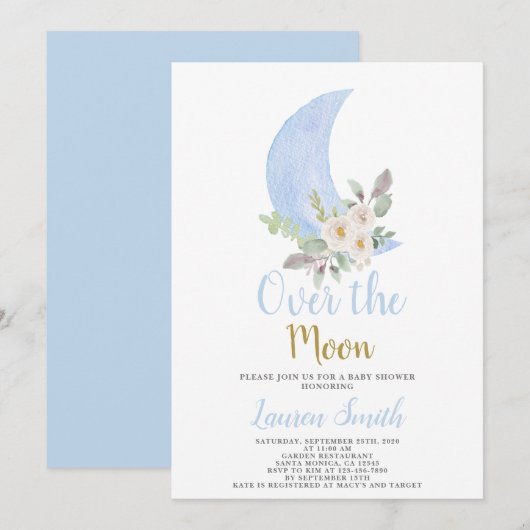 Over the Moon Baby shower Boy Invitation Kaart (Voorkant / Achterkant)