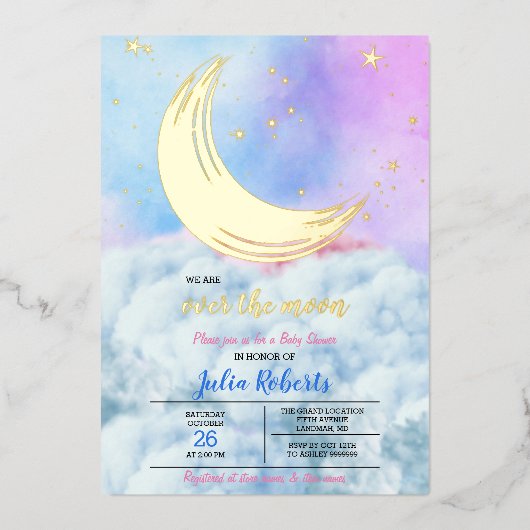 Over The Moon Baby Shower Folie Uitnodiging (Voorkant)