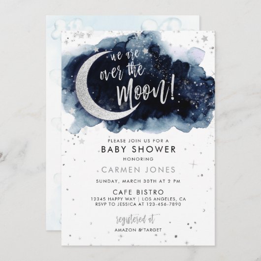 Over the Moon Baby shower Invitation, Blue Cloud I Kaart (Voorkant / Achterkant)