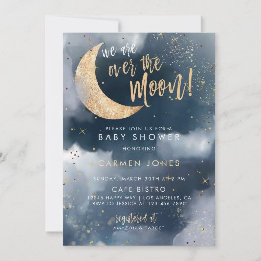 Over the Moon Baby shower Invitation, Blue Cloud I Kaart (Voorkant)