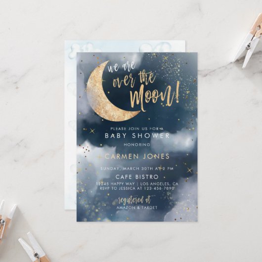 Over the Moon Baby shower Invitation, Blue Cloud I Kaart (Voorkant / Achterkant in situ)