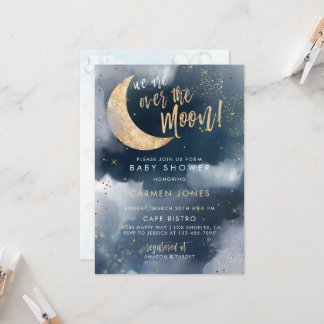 Over the Moon Baby shower Invitation, Blue Cloud I Kaart