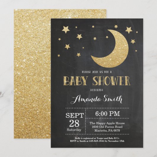 Over the Moon Baby shower Invitation Gold Glitter Kaart (Voorkant / Achterkant)