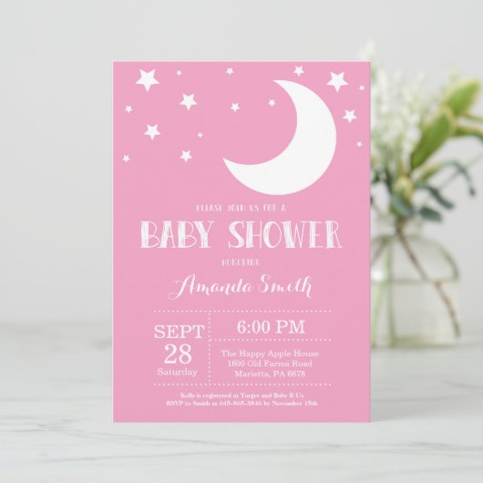 Over the Moon Baby shower Invitation Roze Kaart (Staand voorkant)