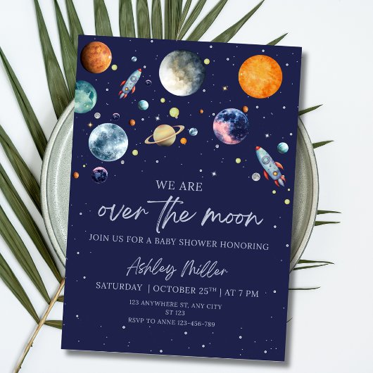 Over the Moon Baby shower Invitation, thema Ruimte Kaart