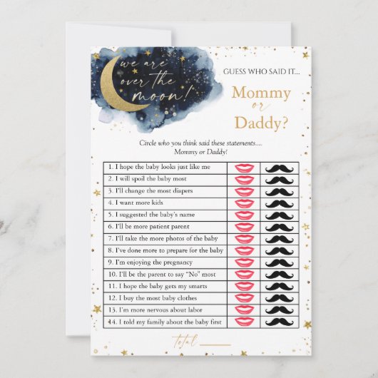 Over the Moon Baby Shower Mommy Or Daddy Game Card Kaart (Voorkant)