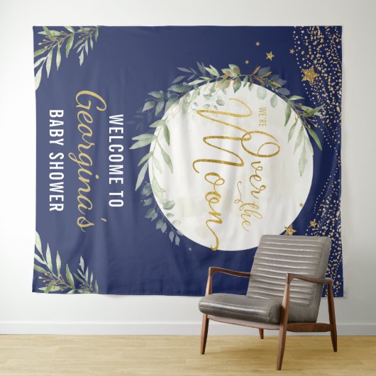 Over the Moon Baby shower Navy Blue Gold Welkom Wandkleed (In Situ (horizontaal))