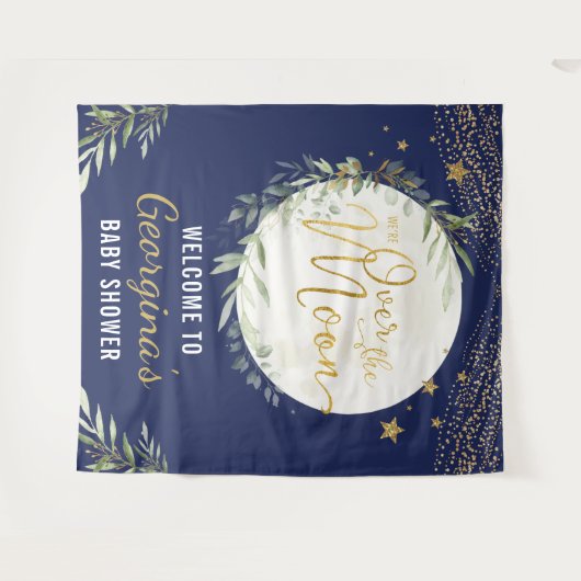 Over the Moon Baby shower Navy Blue Gold Welkom Wandkleed (Voorkant (horizontaal))