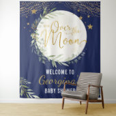 Over the Moon Baby shower Navy Blue Gold Welkom Wandkleed (In situ)