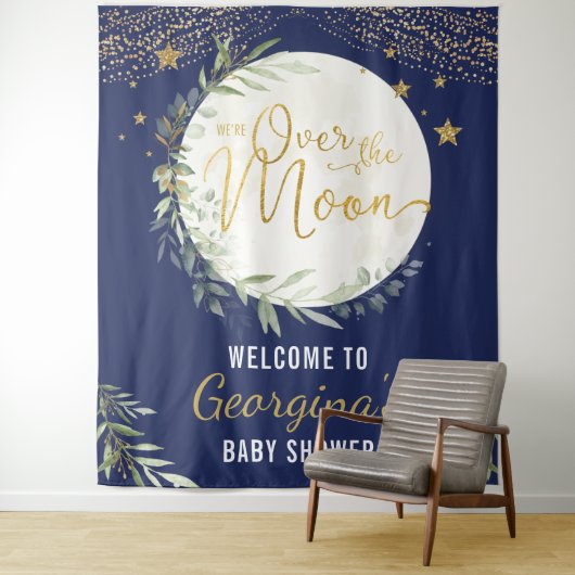 Over the Moon Baby shower Navy Blue Gold Welkom Wandkleed (In situ)