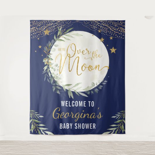 Over the Moon Baby shower Navy Blue Gold Welkom Wandkleed (Voorkant)