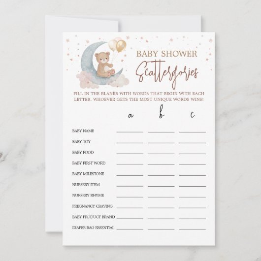 Over the Moon Baby shower Scattergories Game Kaart (Voorkant)