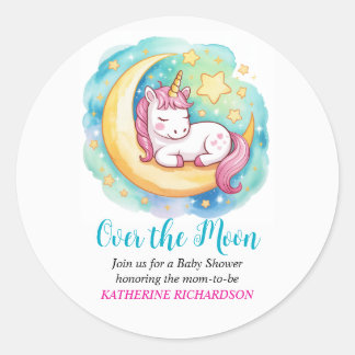 Over the Moon Baby Shower – Slaapende Eenhoorn Ronde Sticker
