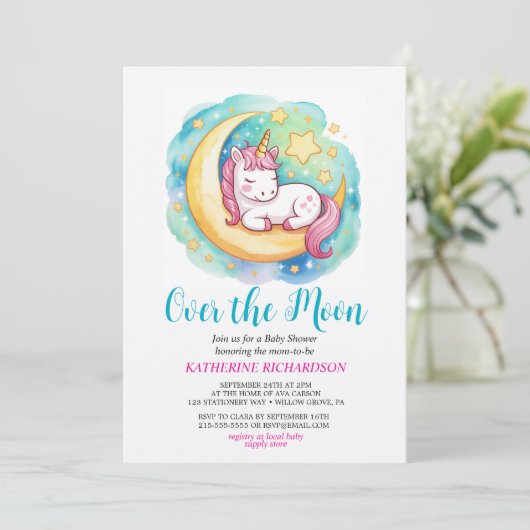 Over the Moon Baby Shower – Sleeping Unicorn  Kaart (Staand voorkant)