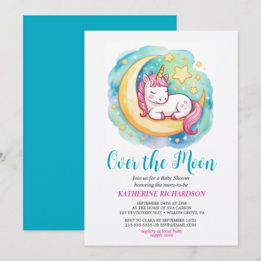 Over the Moon Baby Shower – Sleeping Unicorn Kaart (Voorkant / Achterkant)