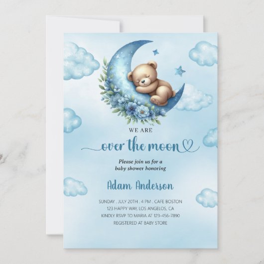 Over the Moon Baby shower - Teddybeer en de maan Kaart (Voorkant)