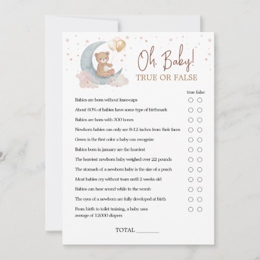 Over the Moon Baby shower True or False Game Kaart (Voorkant)