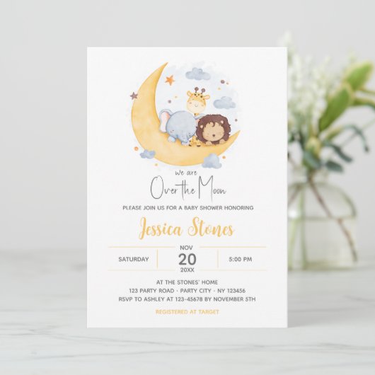 Over the Moon Baby Shower Uitnodigingen Dieren Sch (Staand voorkant)